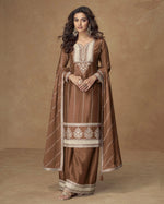 Brown Chinon Silk Plazo Thread & Sequence Embroidery for Indian & Pakistani Wedding Festival