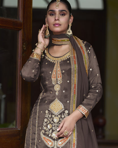Brown Simer Silk Plazo Suit With Kameez & Dupatta For Indian & Pakistani Wedding Festival - Thread Sequence Work