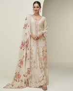 Cream Chinon Silk Kameez With Plazo Suit For Indian & Pakistani Festive Wear - Thread & Sequence Embroidery