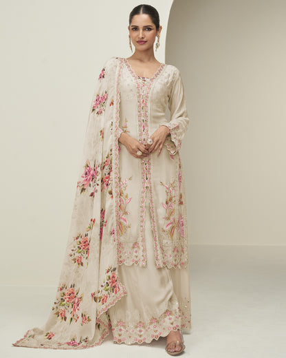 Woman wearing a floral embroidered outfit with a matching dupatta on a plain background