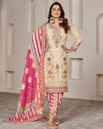 Cream Chinon Silk Kameez With Salwar Suit For Indian & Pakistani Wedding Festival - Dabka Dori & Sequence with Mirror & Embroidery Work - Digital Print