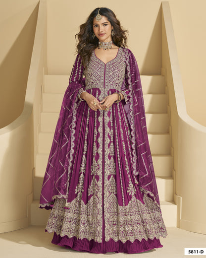 Deep Purple Chinon Silk Anarkali Suit With Skirt & Dupatta For Indian & Pakistani Wedding Festival - Mirror & Dori With Thread & Sequence Work