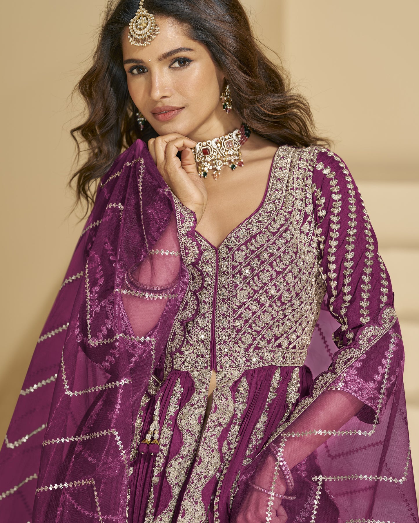 Deep Purple Chinon Silk Anarkali Suit With Skirt & Dupatta For Indian & Pakistani Wedding Festival - Mirror & Dori With Thread & Sequence Work