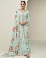 Green Chinon Silk Kameez With Plazo Suit For Indian & Pakistani Wedding Festival - Thread & Sequence Embroidery