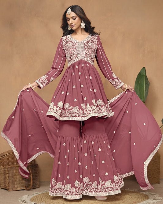 Dusty Pink Faux Georgette Sharara Suit With Kameez And Dupatta For Indian & Pakistani Wedding Festival - Thread Sequence Work