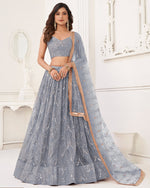 Gray Net Lehenga Choli With Blouse & Dupatta For Indian & Pakistani Wedding Festivals - Mirror With Thread & Sequence Embroidery Work