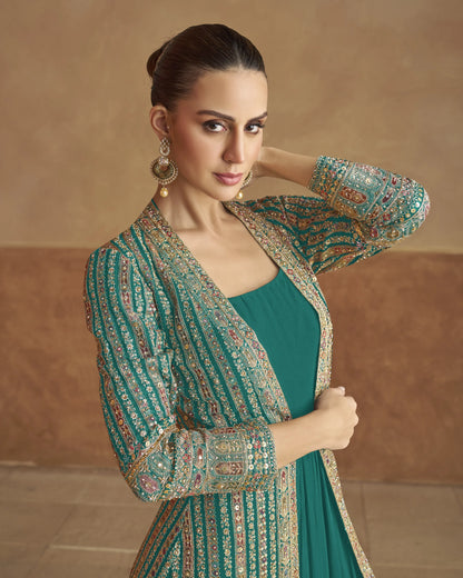 Woman wearing a green traditional outfit with intricate patterns against a beige background