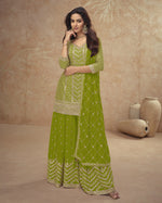 Green Chinon Silk Top With Plazo And Dupatta For Indian & Pakistani Wedding Festival occasion - Thread & Sequence Embroidery