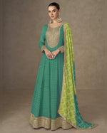 Green Chinon Silk Anarkali Suit With Dupatta For Indian & Pakistani Wedding Festival - Thread Sequence Work