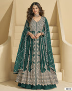 Green Chinon Silk Anarkali Suit With Skirt & Dupatta For Indian & Pakistani Wedding Festival - Mirror & Dori With Thread & Sequence Work