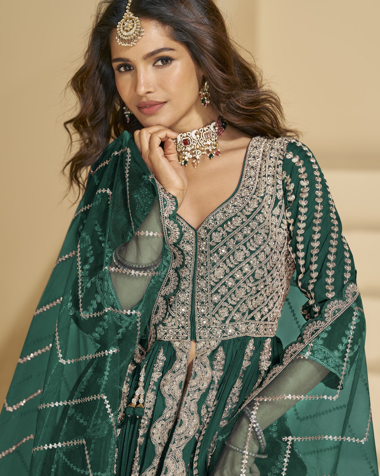 Green Chinon Silk Anarkali Suit With Skirt & Dupatta For Indian & Pakistani Wedding Festival - Mirror & Dori With Thread & Sequence Work