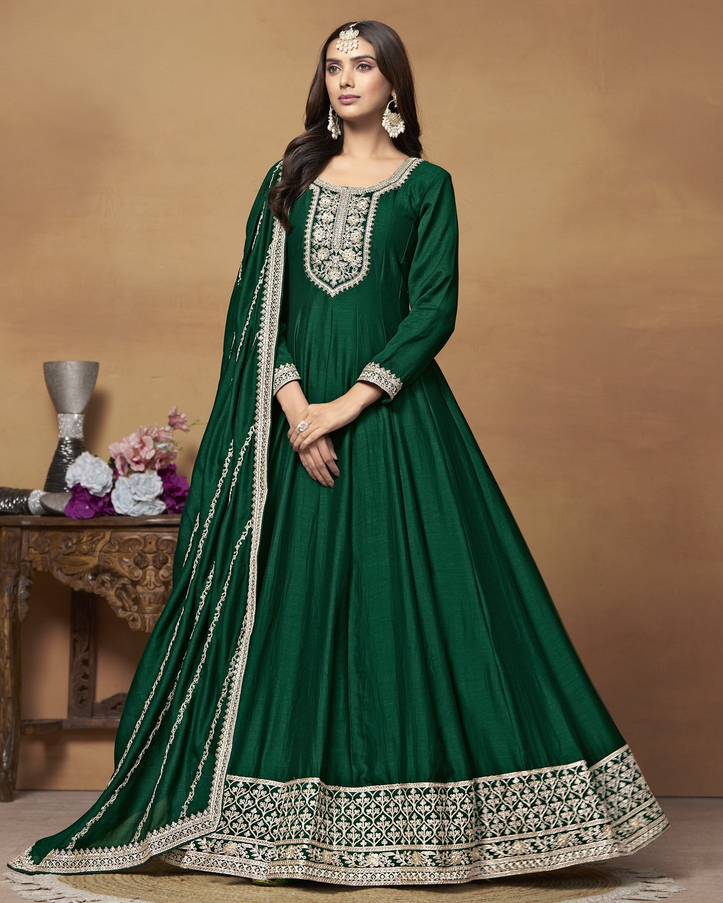 Green Silk Anarkali Suit With Dupatta For Indian & Pakistani Wedding Festival - Dori Thread Sequence Work