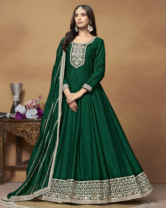 Green Silk Anarkali Suit With Dupatta For Indian & Pakistani Wedding Festival - Dori Thread Sequence Work