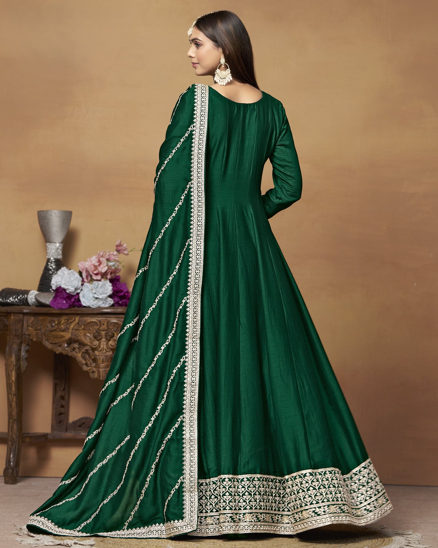 Green Silk Anarkali Suit With Dupatta For Indian & Pakistani Wedding Festival - Dori Thread Sequence Work