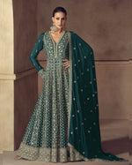 Green Chinon Silk Anarkali For Indian & Pakistani Wedding Festival Season - Thread & Sequence Embroidery