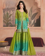 Green Chinon Silk Plazo With Top & Dupatta For Indian & Pakistani Wedding Festival - Mirror Work Embroidery & Digital Print