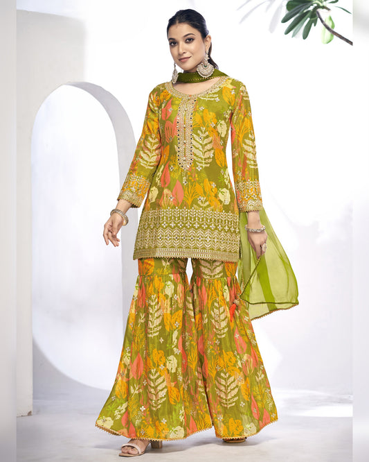Green Chinon Silk Sharara Suit With Kameez & Dupatta For Indian & Pakistani Wedding Festival - Digital Print - Handmade Stone & Mirror Sequence Embroidery Work