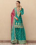 Green Chinon Silk Plazo With Kameez & Dupatta For Indian & Pakistani Wedding Festival - Dori Thread Sequence Work