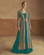Green Georgette Gown For Indian & Pakistani Wedding Festival - Thread & Sequence Embroidery