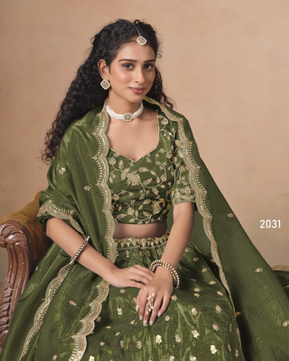 Woman in a green traditional outfit with floral patterns on a beige background