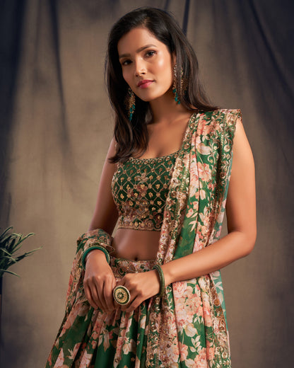 Woman wearing a floral traditional outfit with a plain background