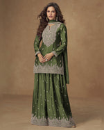 Green Chinon Silk Plazo With Top & Dupatta For Indian & Pakistani Wedding Festival - Dori Thread Work