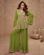 Green Chinon Silk Plazo With Top For Indian & Pakistani Wedding Festival - Mirror Dori Thread Sequence Work