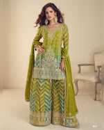 Green Chinon Digital Plazo With Top & Dupatta For Indian & Pakistani Wedding Festival - Dori Mirror Thread Sequence Work