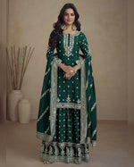 Green Chinon Silk Plazo With Top & Dupatta For Indian & Pakistani Wedding Festival - Dori Thread & Sequence Work