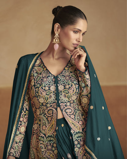 Woman wearing a traditional green and gold embroidered outfit with a beige background