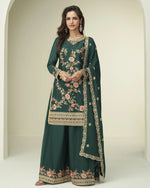 Green Chinon Silk Top With Plazo Suit For Indian & Pakistani Wedding Festival occasion - Thread & Sequence Embroidery
