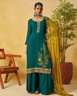 Green Organza Plazo With Top & Dupatta For Indian & Pakistani Wedding Festival - Moti Thread & Sequence Work