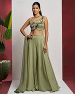 Green Georgette Plazo With Blouse And Dupatta For Indian & Pakistani Wedding Festival- Khatli Work
