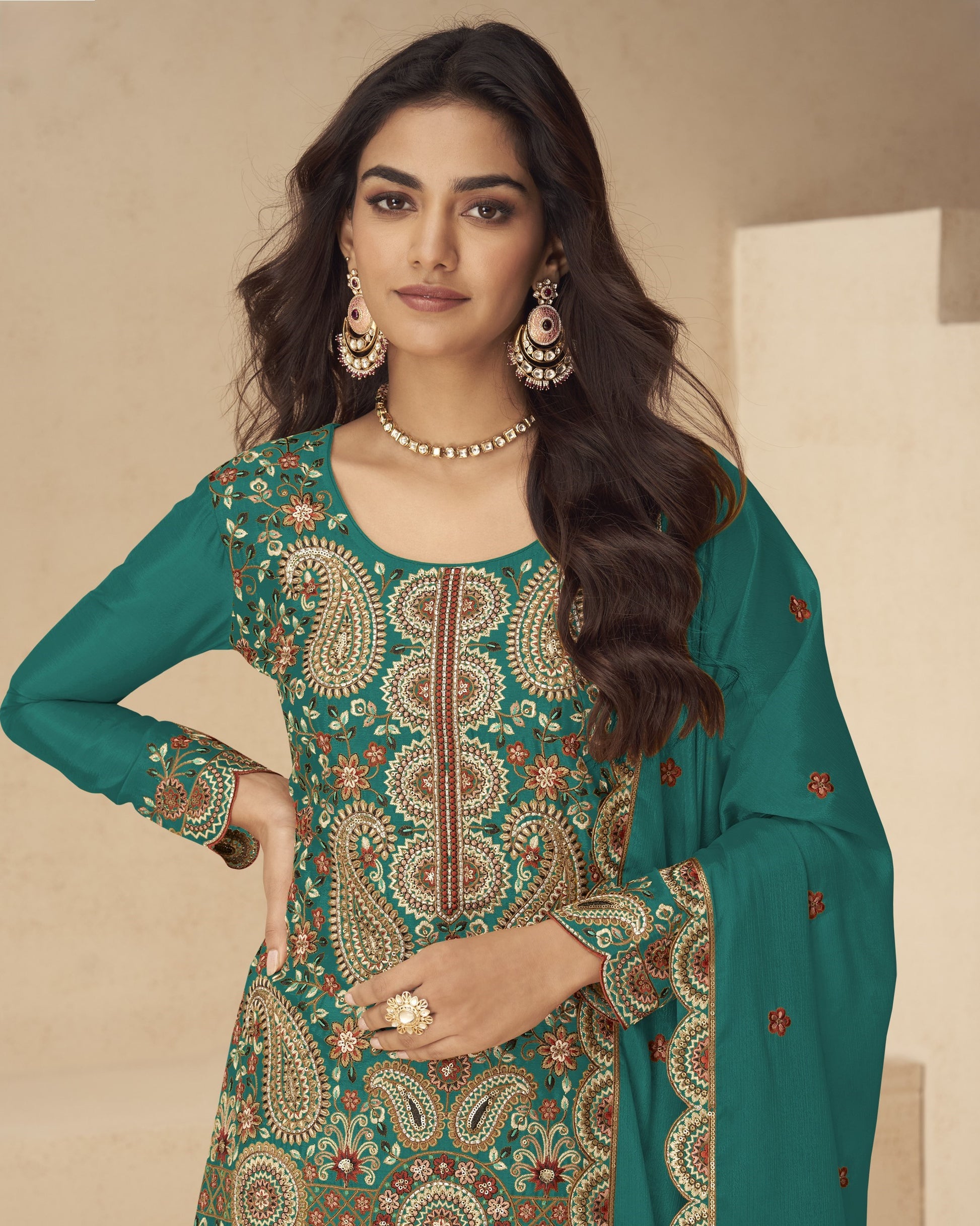 Green Chinon Silk Plazo Suit for Wedding & Festival Dress of India Green Chinon Silk Plazo Suit for Wedding & Festival Dress of India