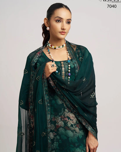 Green Organza Kameez With Salwar Suit For Indian & Pakistani Wedding Festival - Thread & Sequence Embroidery and Prints