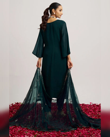 Green Organza Kameez With Salwar Suit For Indian & Pakistani Wedding Festival - Thread & Sequence Embroidery and Prints