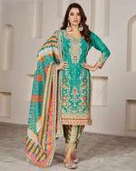 Green Chinon Silk Kameez With Salwar Suit For Indian & Pakistani Wedding Festival - Dabka Dori & Sequence with Mirror & Embroidery Work - Digital Print