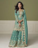 Green Shimmer Silk Sharara Suit For Indian & Pakistani Wedding occasion - Thread & Sequence Embroidery