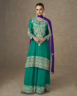 Green Chinon Silk Plazo Suit For Indian & Pakistani Wedding Festival - Thread & Sequence Embroidery