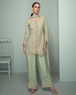 Green Chinon Silk Kameez With Salwar Suit For Indian & Pakistani Wedding Festival Season - Thread & Sequence Embroidery