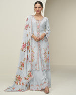 Grey Chinon Silk Kameez With Plazo Suit For Indian & Pakistani Wedding Festival Wear- Thread & Sequence Embroidery