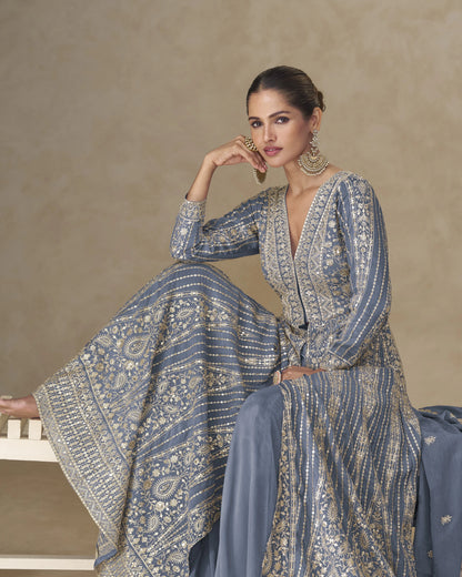 Grey Chinon Silk Anarkali For Indian & Pakistani Wedding Festival - Thread & Sequence Embroidery