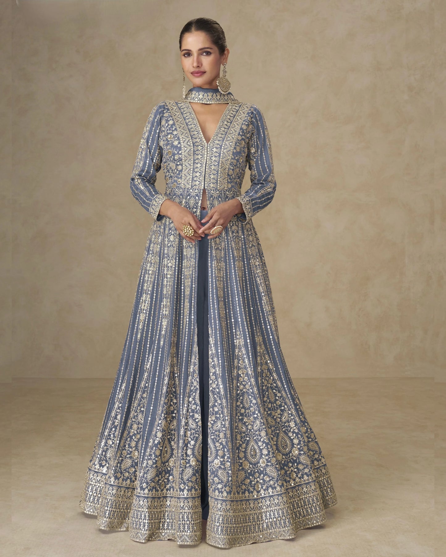 Grey Chinon Silk Anarkali For Indian & Pakistani Wedding Festival - Thread & Sequence Embroidery