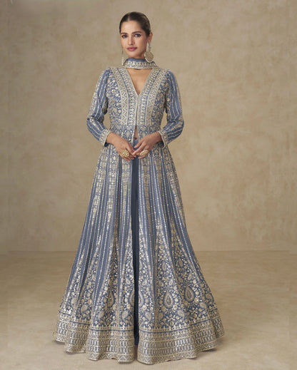 Grey Chinon Silk Anarkali For Indian & Pakistani Wedding Festival - Thread & Sequence Embroidery