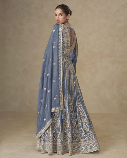 Grey Chinon Silk Anarkali For Indian & Pakistani Wedding Festival - Thread & Sequence Embroidery