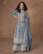 Gray Shimmer Silk Plazo Suit For Indian & Pakistani Wedding Festival - Thread & Sequence Embroidery