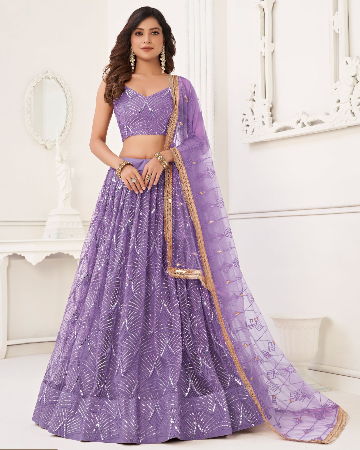 Woman wearing a purple traditional outfit with a white background