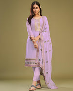 Lavender Georgette Salwar Suit With Kameez & Dupatta For Indian & Pakistani Wedding Festival Season - Embroidered With Multi Thread And Sequins Work Along With Khatli Work.