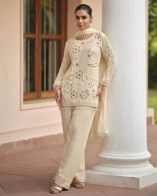 Light Beige Georgette Salwar Suit With Kameez & Dupatta For Indian & Pakistani Wedding Festival - Moti Thread Work