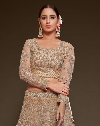 Woman wearing a traditional embroidered outfit with a brown background